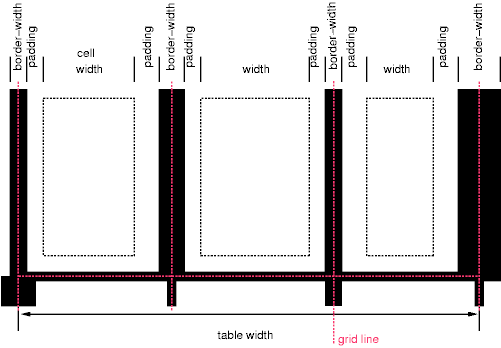 Schema showing the widths of cells and borders and the padding of cells